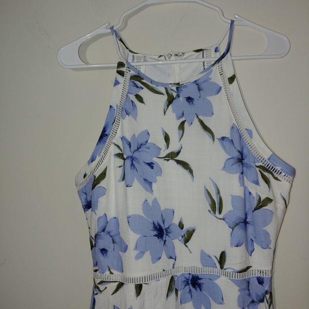 Lulus Zahara Handkerchief Hem Halter Top Floral Midi Dress L in White and Blue - Picture 5 of 10